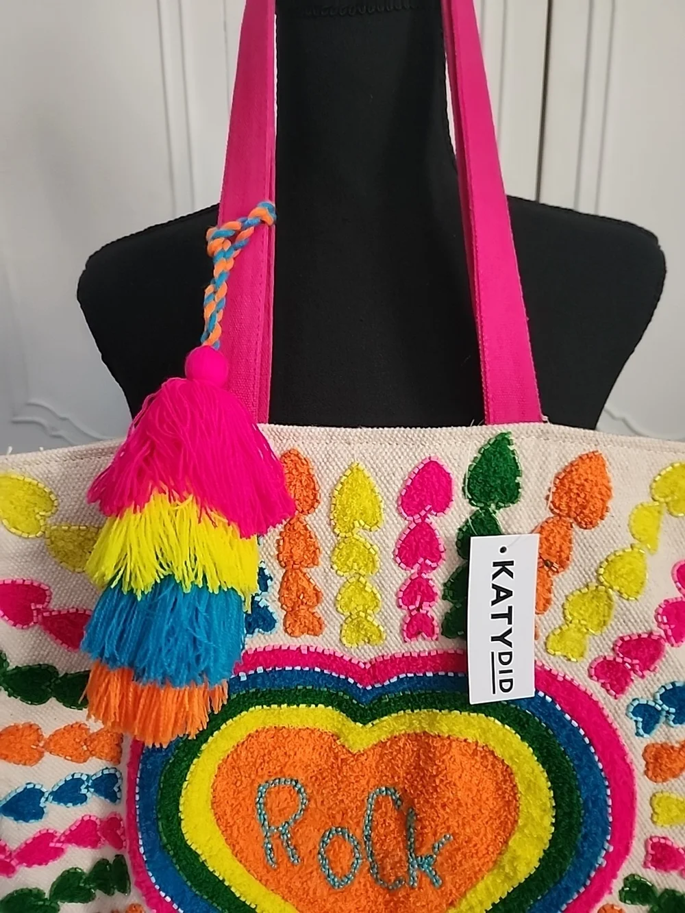 Katydid Multicolor Heart Rainbow Embroidered Tote with Hot Pink Handles
